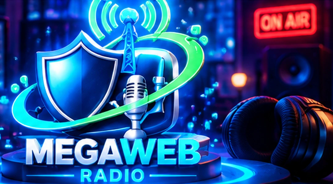 Illustration 3D MEGAWEB RADIO : micro, antenne et bouclier dans un studio bleu et vert